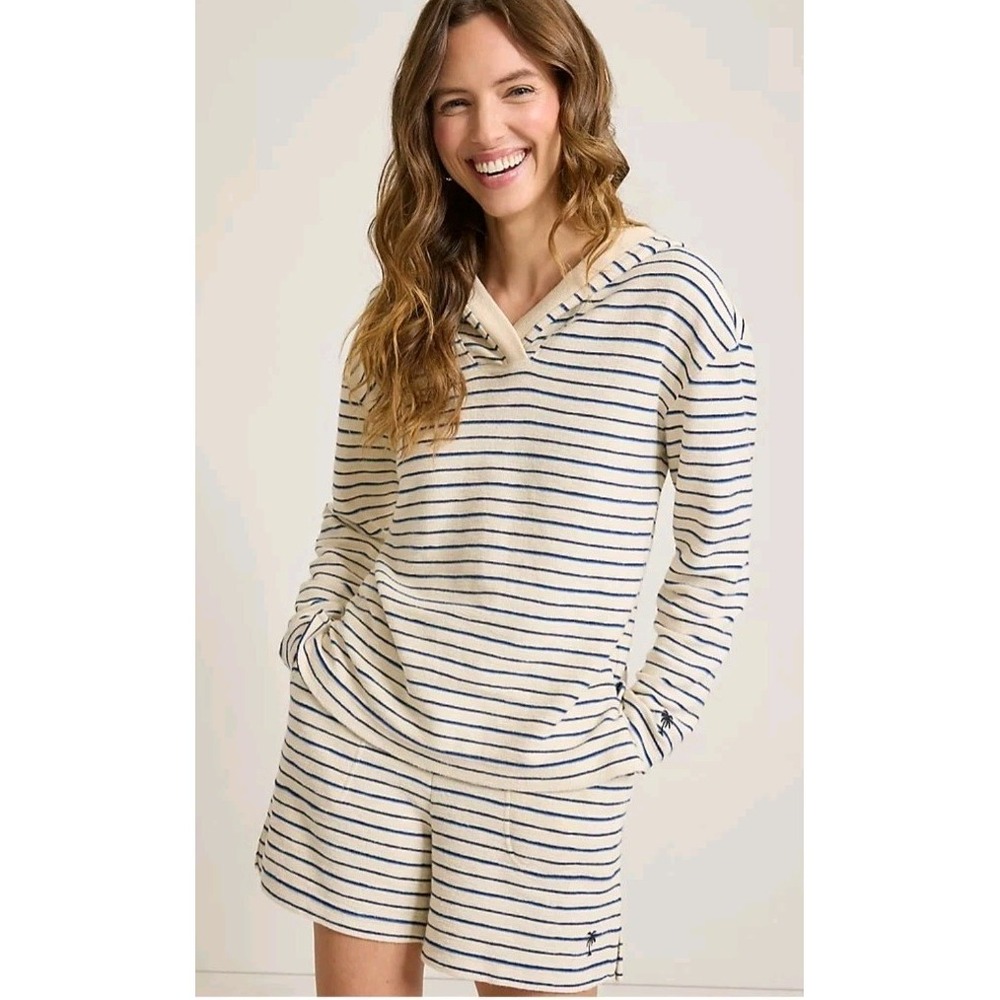 Tommy Bahama Pebble Bay Popover Hoodie Stripes Nautical Womens Size L  *Flaw